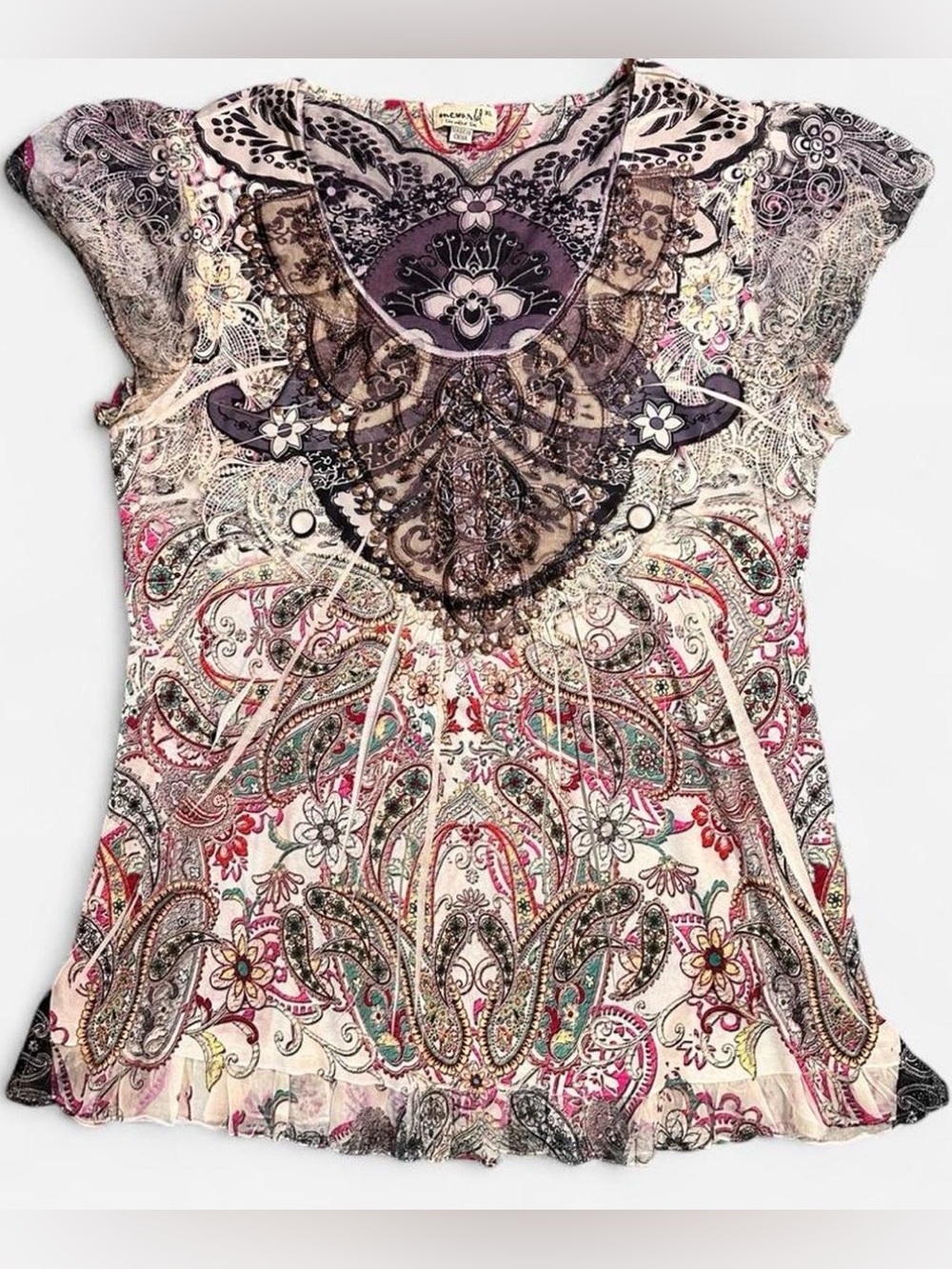 Y2K 2000s Whimsigoth Boho Paisley Scoop Neck Flutter Sleeve Top